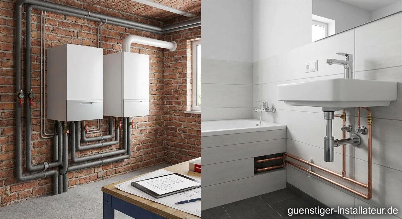 Moderner Heizungskessel und Rohrleitungen als Beispiel für Austausch-Strategien