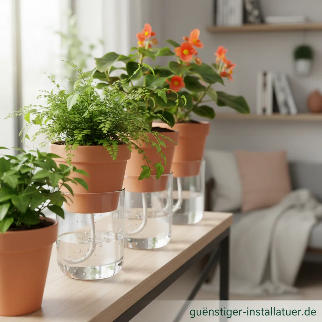 Ein modernes Dochtsystem mit einer grünen Zimmerpflanze auf einem Tisch.