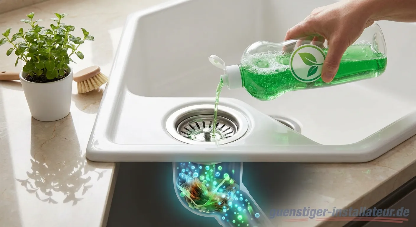 Flasche mit biologischem Abflussreiniger und Enzymen neben einem Abfluss