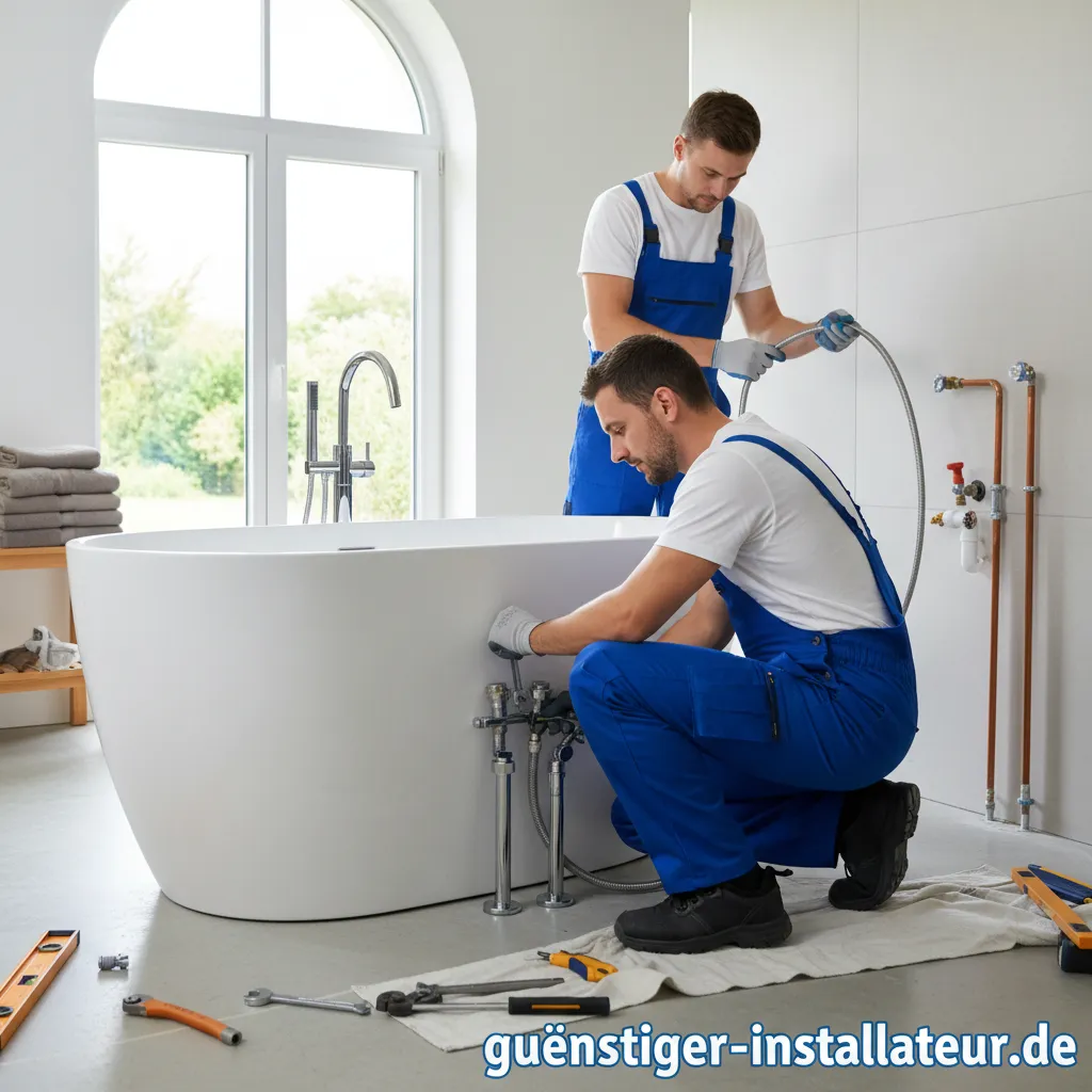 Eine freistehende Badewanne wird in einem modernen Badezimmer installiert