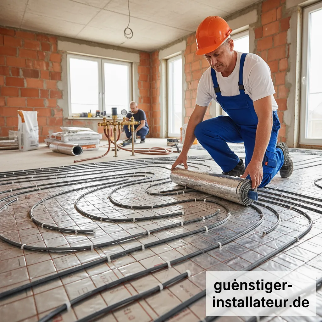 Fachmann verlegt die Rohre einer wasserführenden Fußbodenheizung auf einer Dämmplatte.