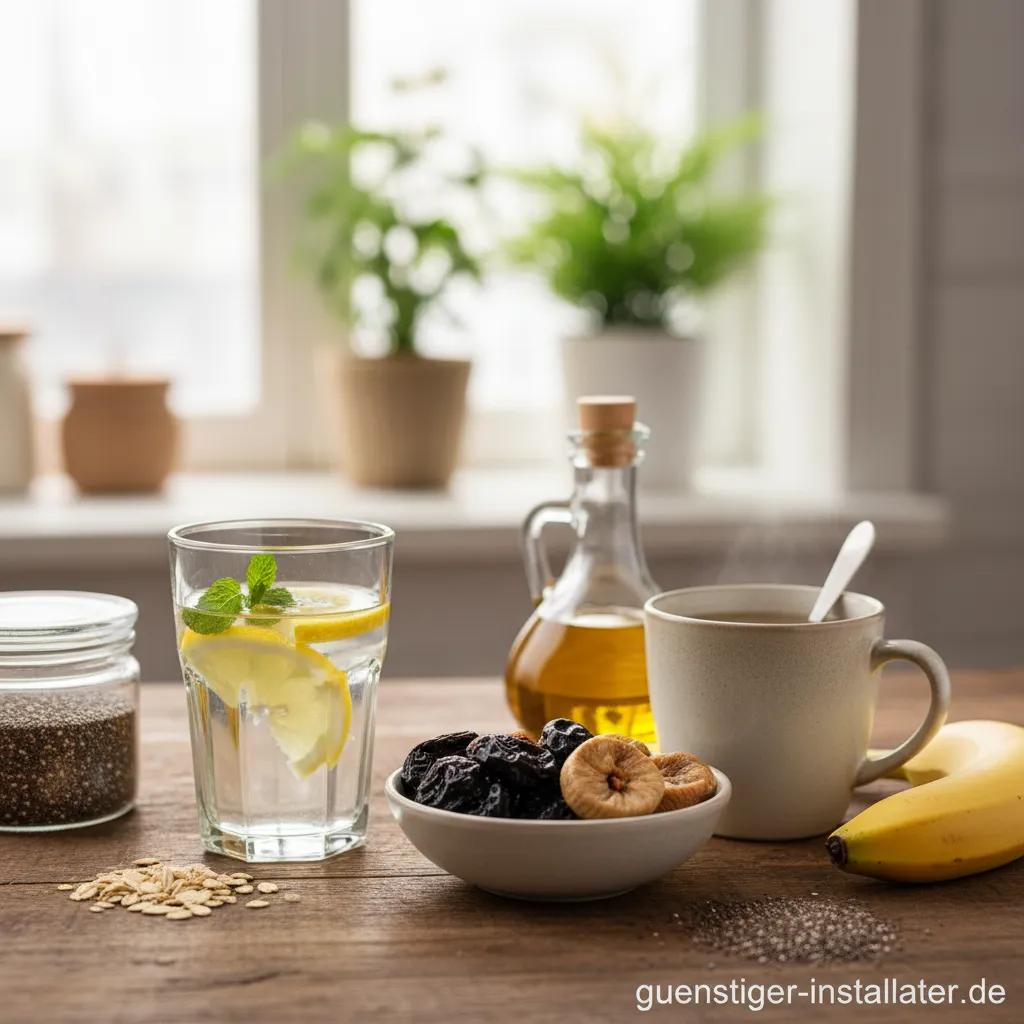 Eine Auswahl bewährter Hausmittel gegen Verstopfungen auf einem Tisch