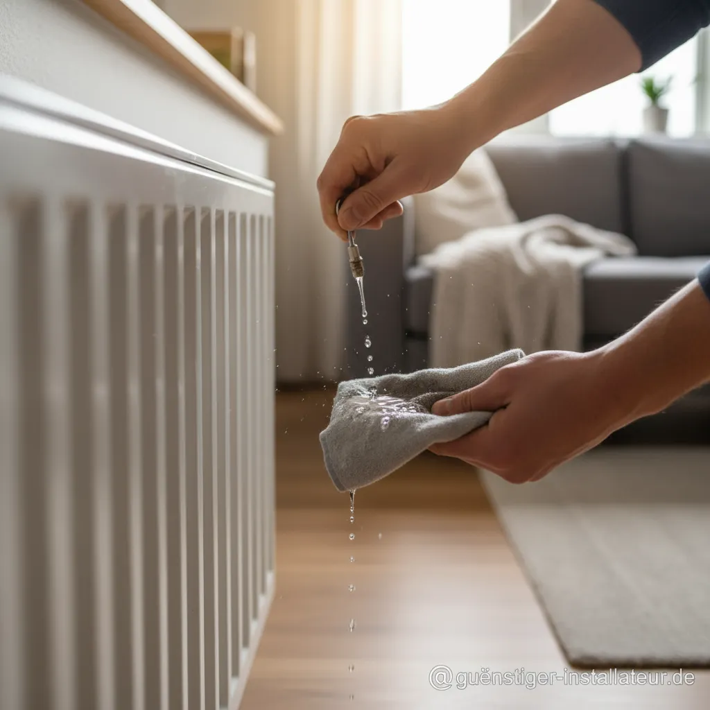 Eine Person entlüftet einen Heizkörper mit einem Entlüfterschlüssel.