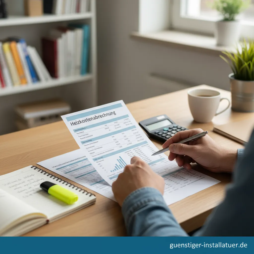 Eine Person prüft aufmerksam eine Heizkostenabrechnung mit einem Stift und Taschenrechner.