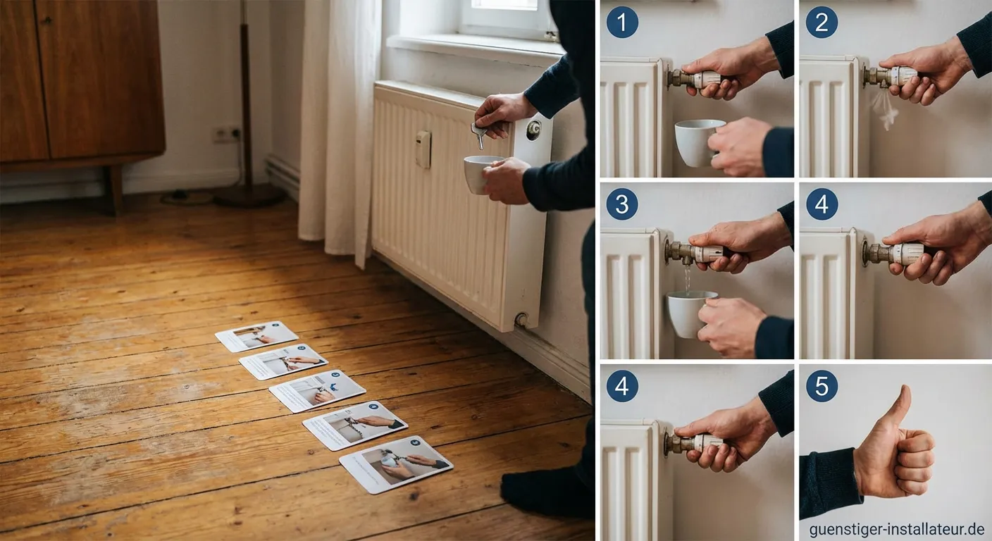 Hand entlüftet einen Heizkörper mit Entlüftungsschlüssel