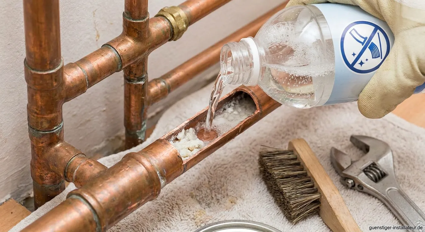 Verkalktes Wasserrohr vor und nach der Reinigung im Vergleich