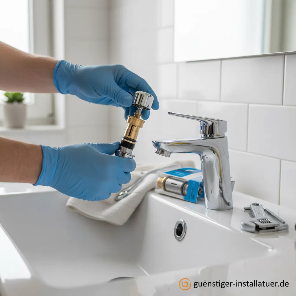 Eine neue Keramikkartusche wird in einen Einhebelmischer eingesetzt.