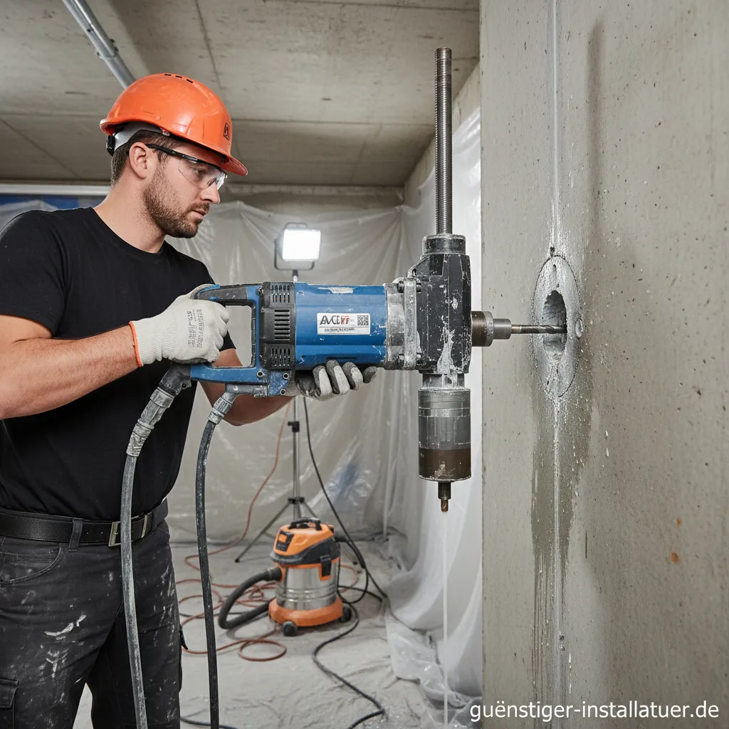 Profi führt eine präzise Kernbohrung in einer Betonwand durch.