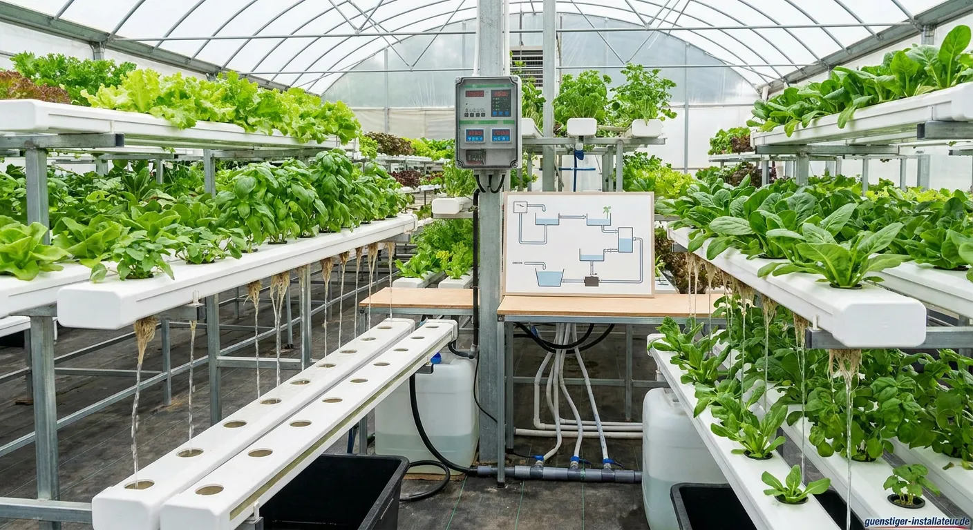 Funktionsfähiges NFT-Hydroponiksystem mit grünen Salatpflanzen in weißen Kanälen