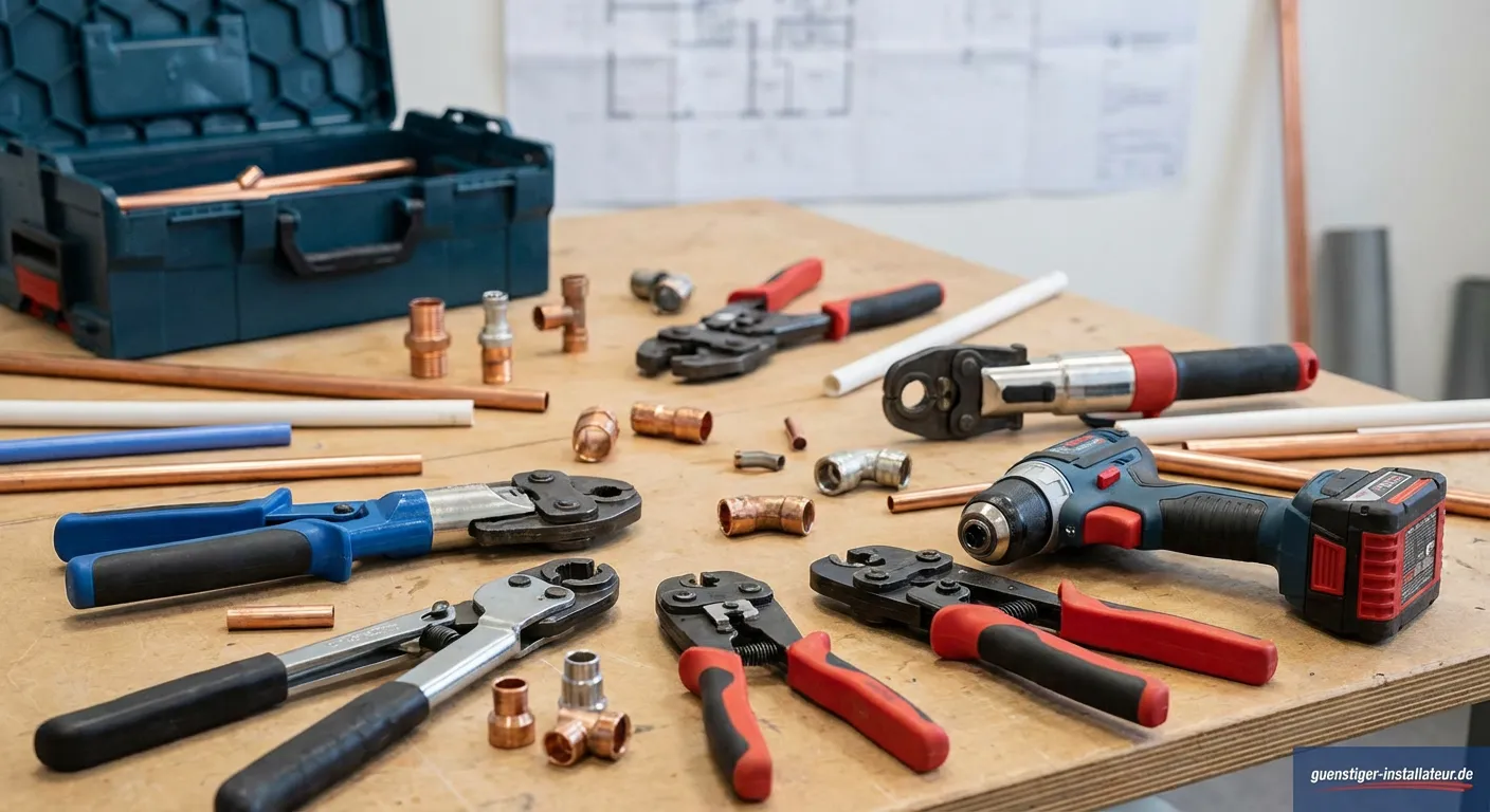 Handwerker nutzt Presszange für Rohrinstallation an einer Wand