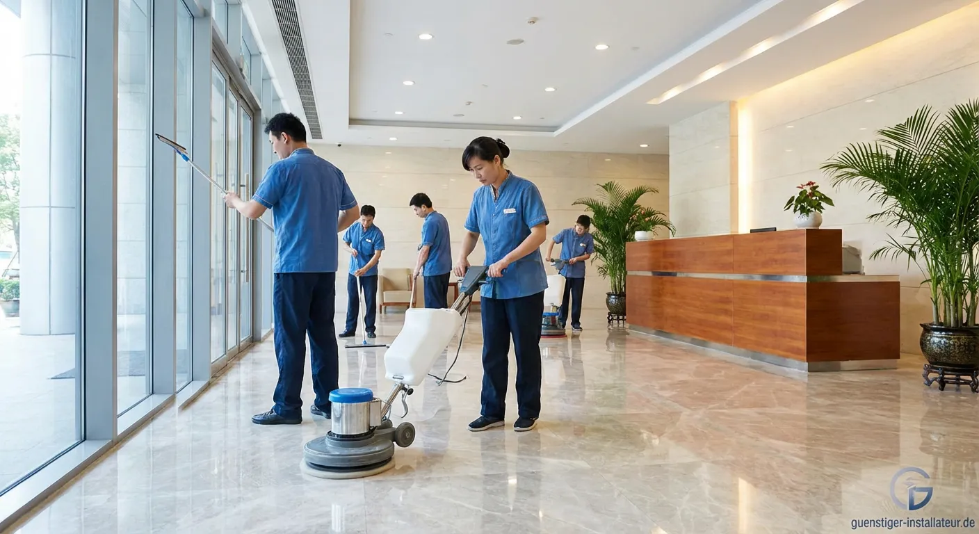 Fachkraft bei der professionellen Reinigung eines Büros mit Wischmopp