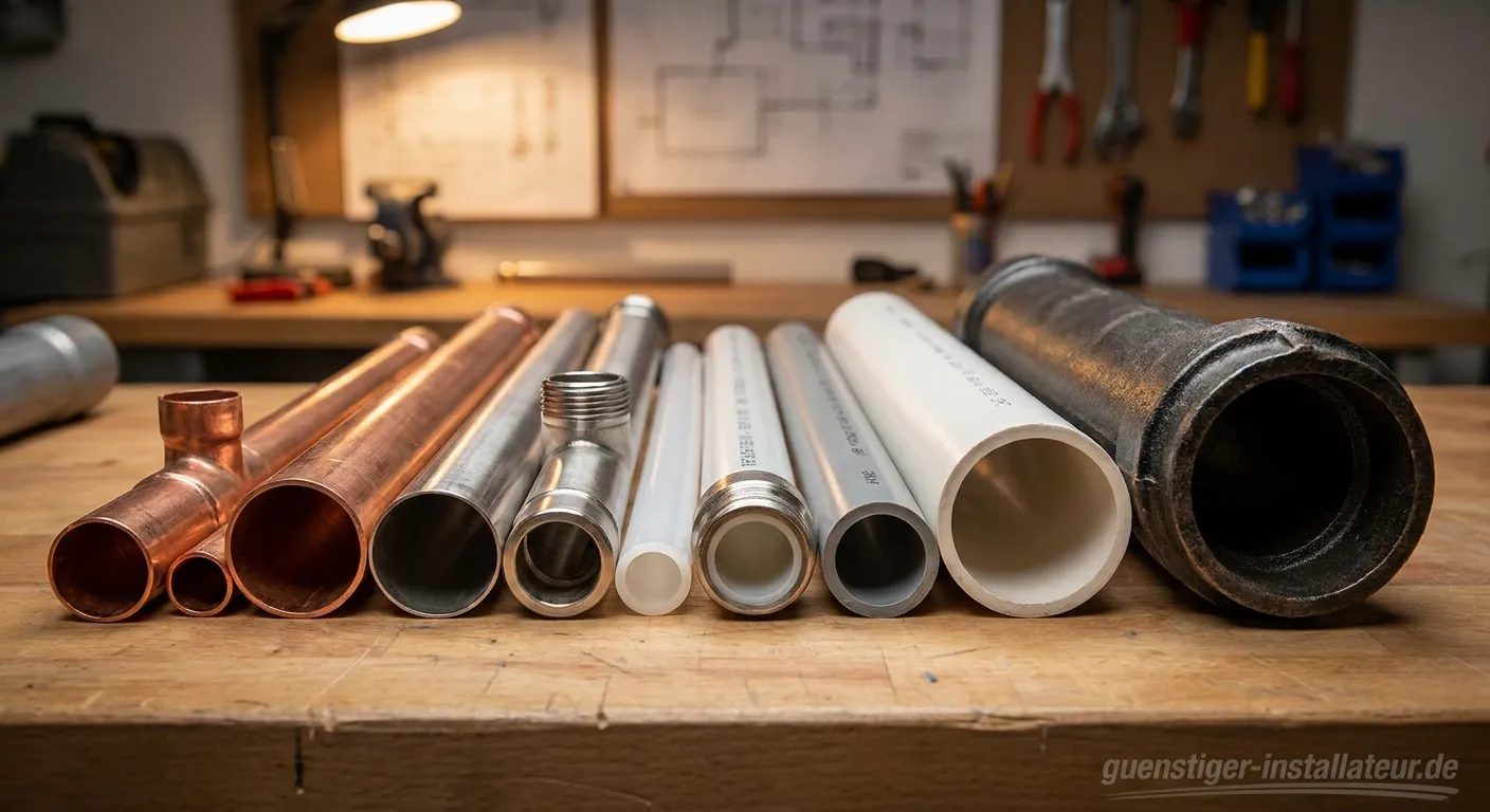 Verschiedene Rohrmaterialien Kupfer Kunststoff Edelstahl nebeneinander