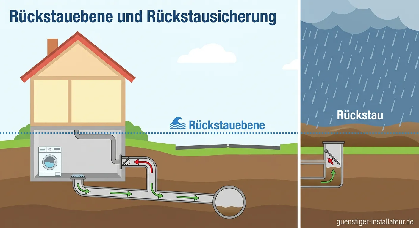 Schematische Darstellung einer Rückstauebene im Gebäudequerschnitt