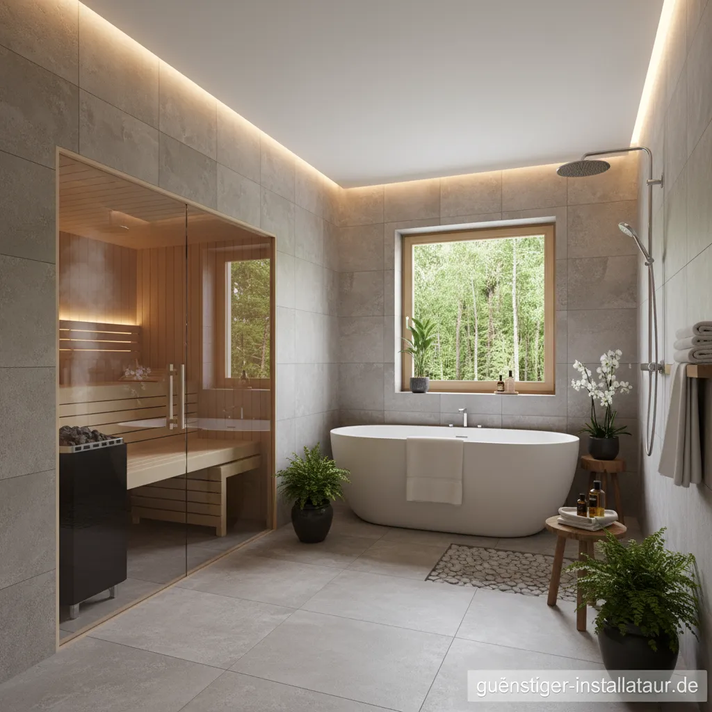 Modernes Badezimmer mit einer integrierten Holz-Sauna und Glasfront.