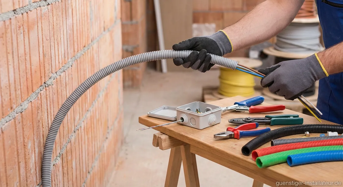 Installateur verlegt ein Schutzrohr für elektrische Leitungen