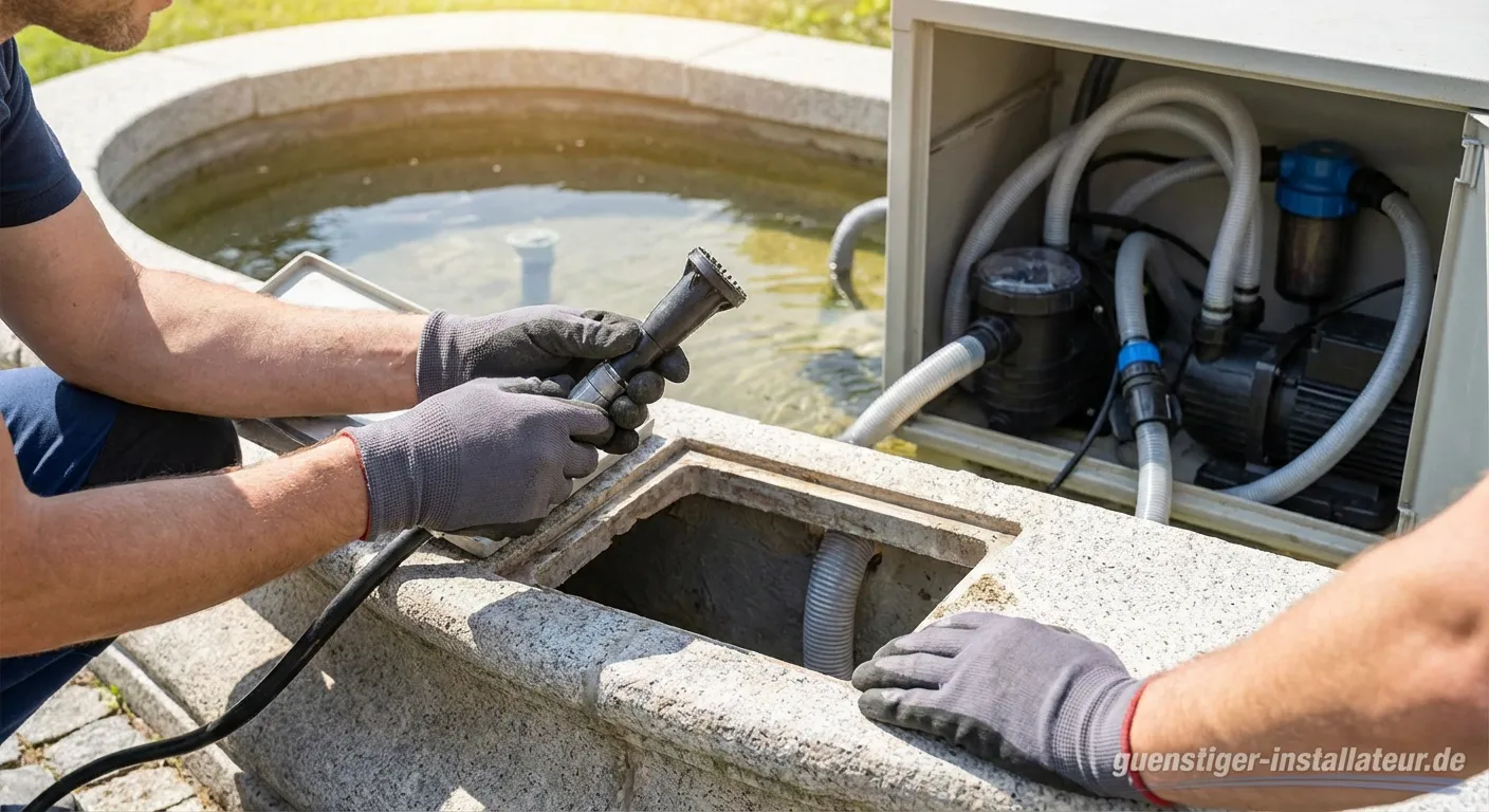 Moderne Springbrunnen-Technik mit LED-Beleuchtung im Garten