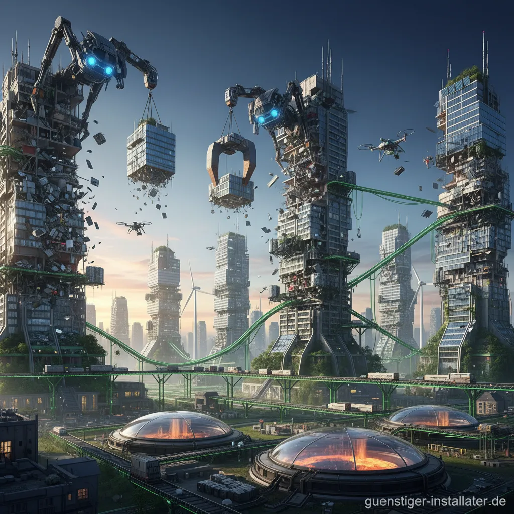 Eine moderne Stadtlandschaft mit Symbolen für Recycling und Rohstoffgewinnung