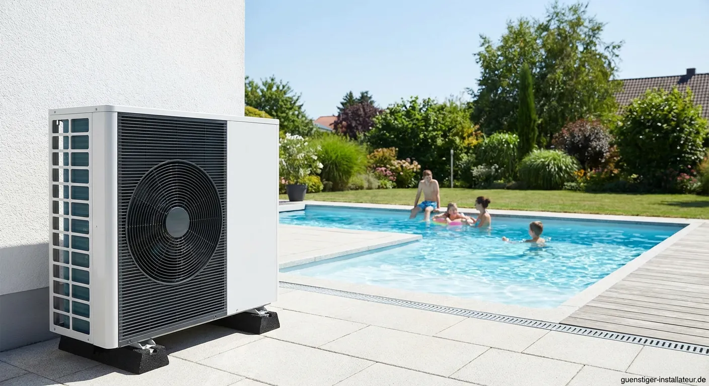 Moderne Wärmepumpe für Außenpool auf Terasse installiert
