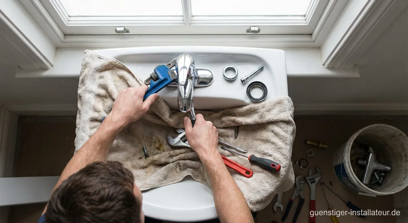Werkzeuge zum Waschbeckenarmatur wechseln und neue Mischbatterie