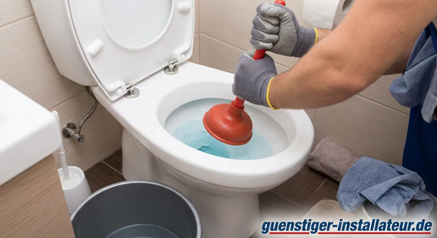 Verstopfte Toilette wird mit Pömpel bearbeitet